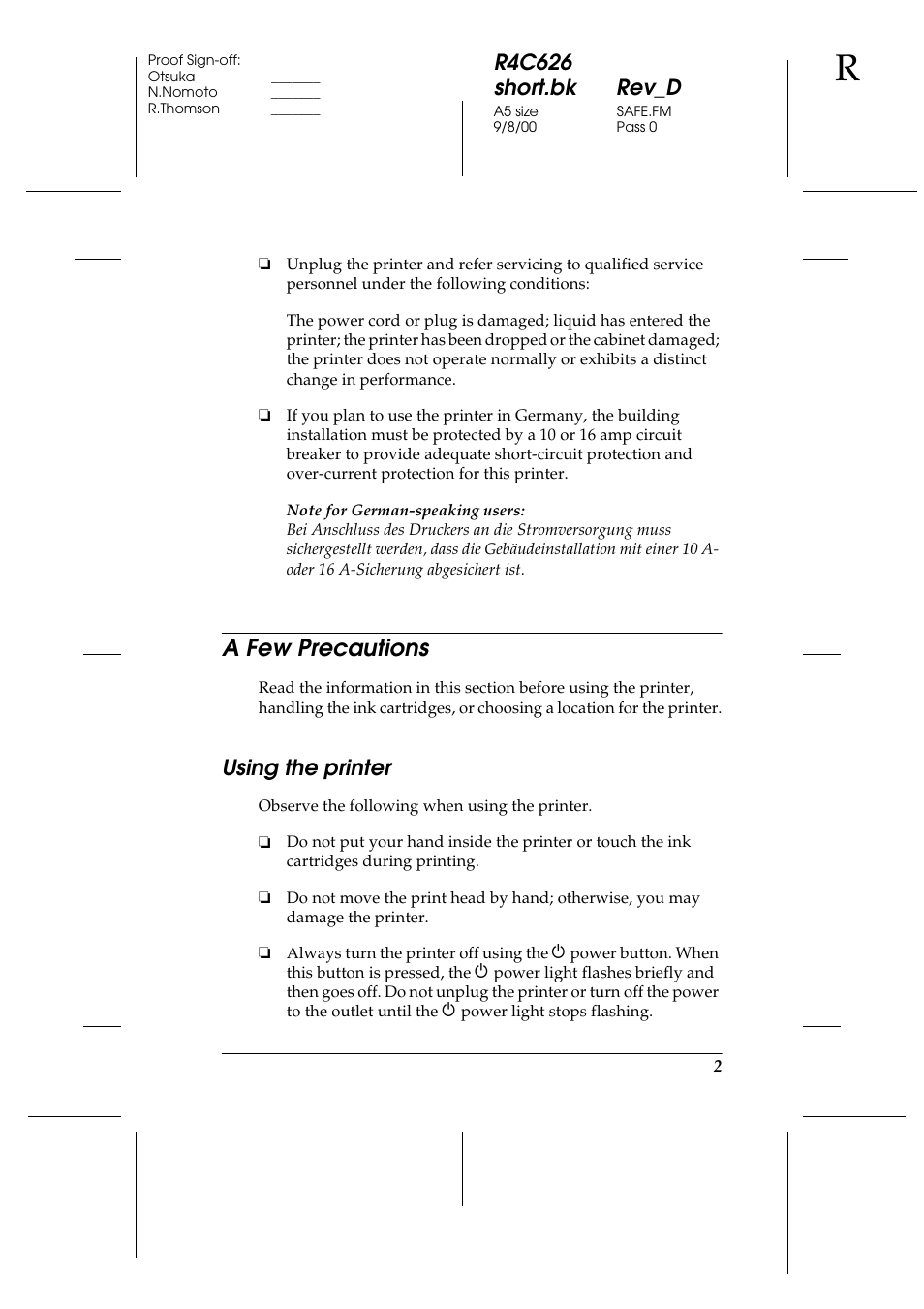 A few precautions, Using the printer, R4c626 short.bk rev_d | Epson 880 User Manual | Page 7 / 74