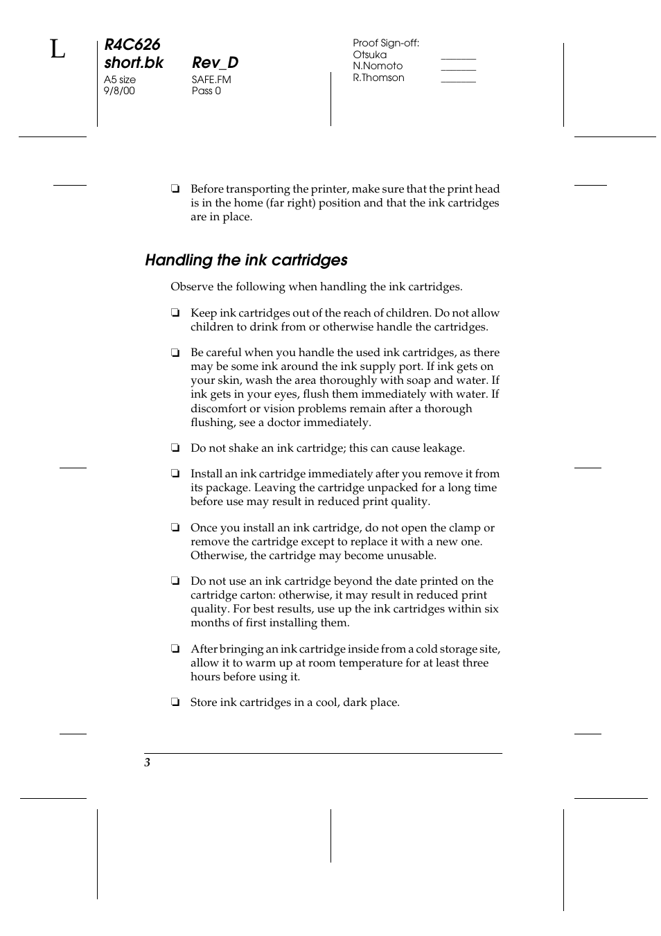 Handling the ink cartridges, R4c626 short.bk rev_d | Epson 880 User Manual | Page 8 / 74