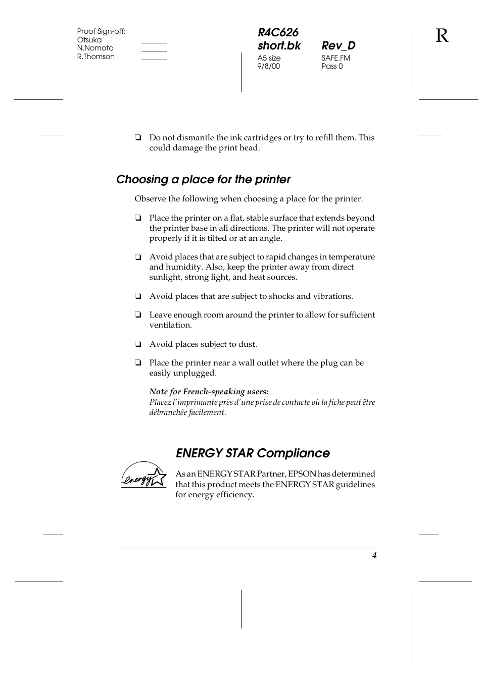 Choosing a place for the printer, Energy star compliance, R4c626 short.bk rev_d | Epson 880 User Manual | Page 9 / 74