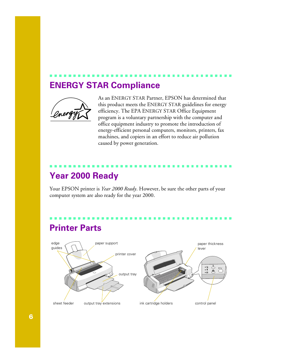 Energy star compliance, Year 2000 ready, Printer parts | Compliance, Nergy | Epson 1200 User Manual | Page 12 / 67