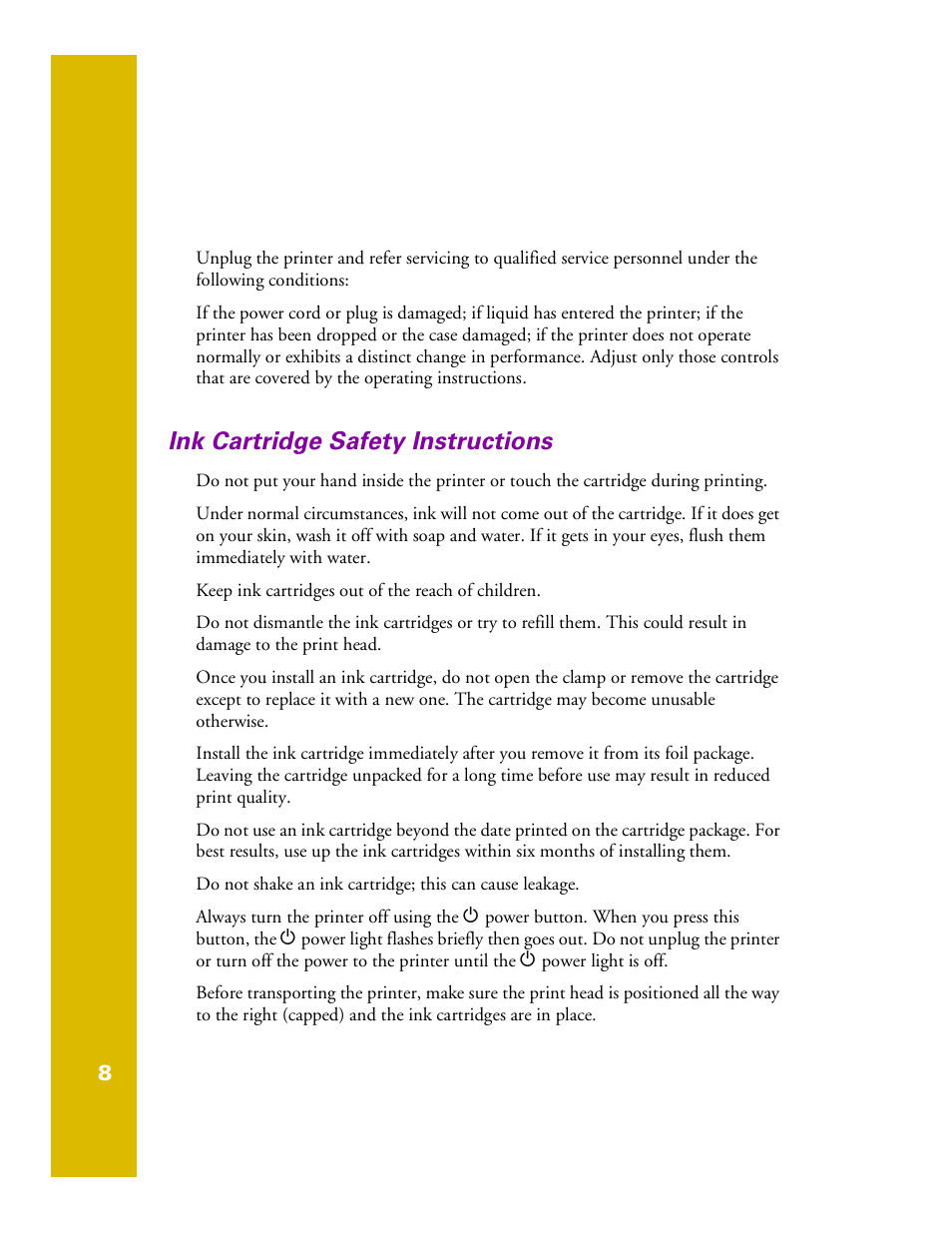 Ink cartridge safety instructions | Epson 1200 User Manual | Page 14 / 67