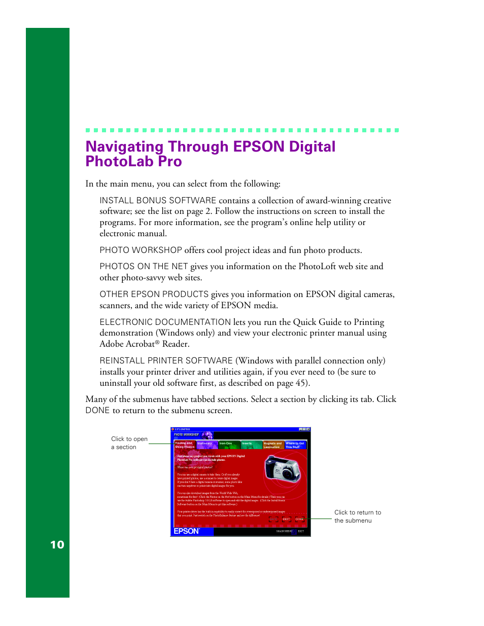 Navigating through epson digital photolab pro | Epson 1200 User Manual | Page 16 / 67