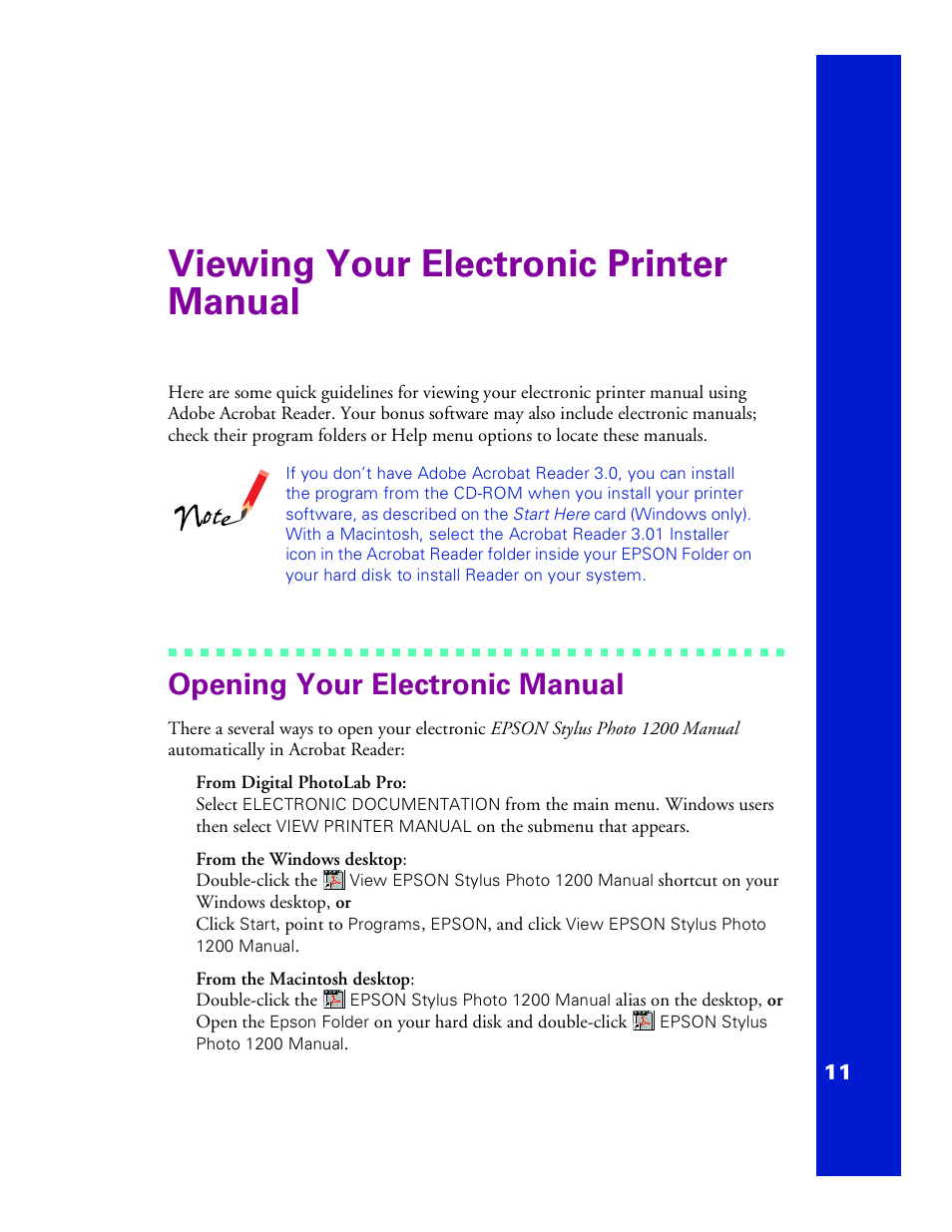 Viewing your electronic printer manual, Opening your electronic manual | Epson 1200 User Manual | Page 17 / 67