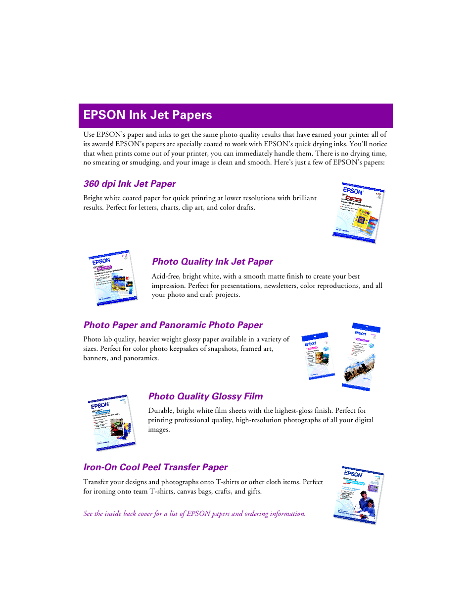 Ink jet papers, Epson ink jet papers | Epson 1200 User Manual | Page 2 / 67