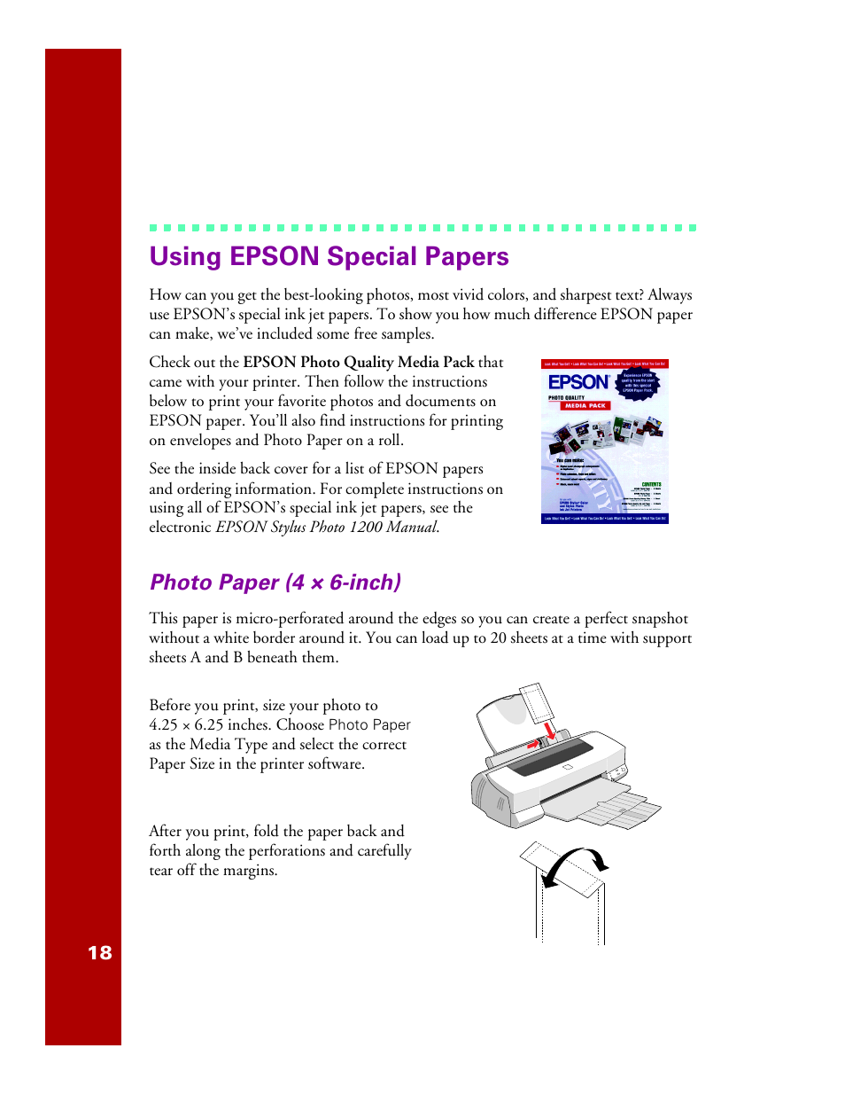 Using epson special papers, Photo paper (4 × 6-inch) | Epson 1200 User Manual | Page 24 / 67