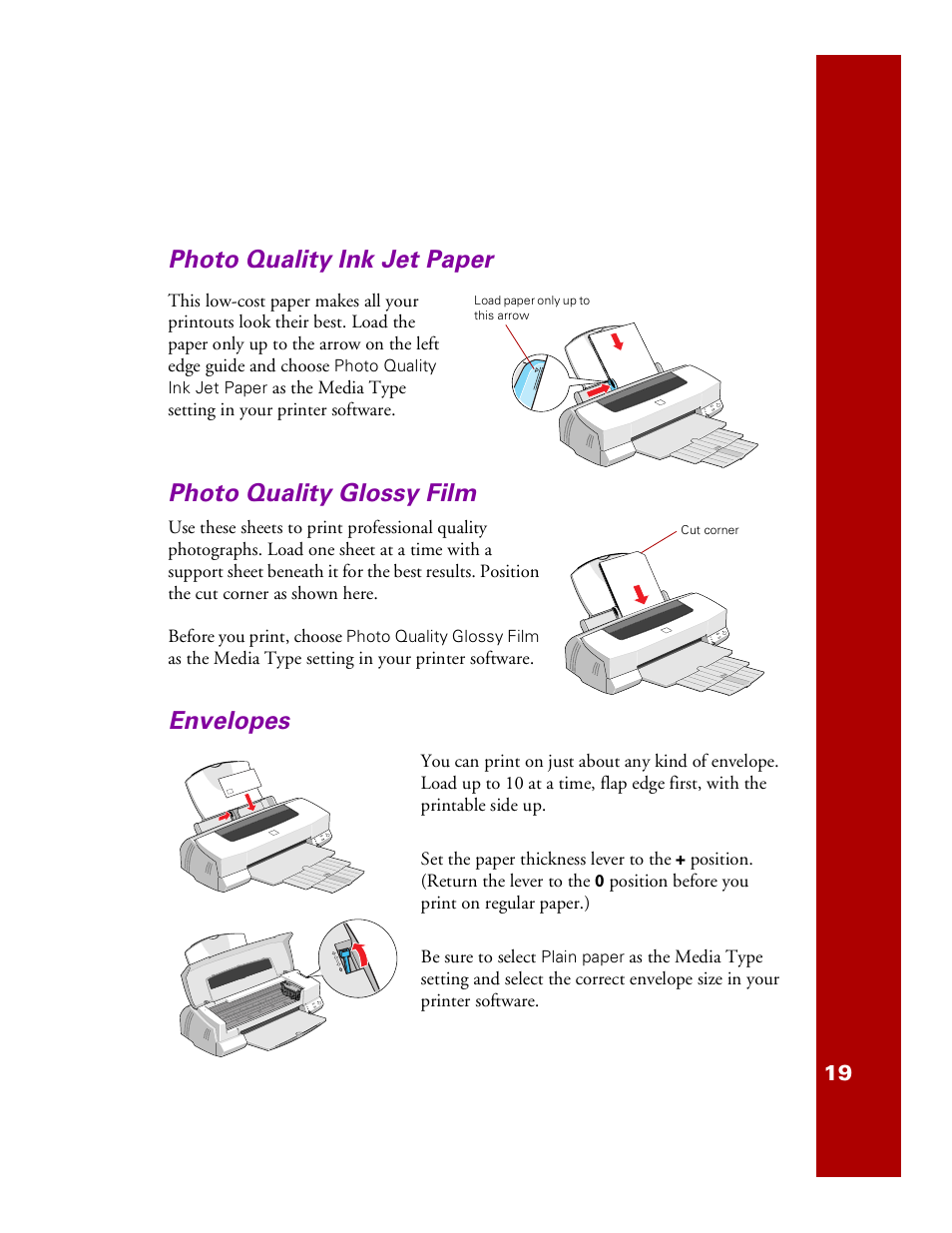 Photo quality ink jet paper, Photo quality glossy film, Envelopes | Epson 1200 User Manual | Page 25 / 67