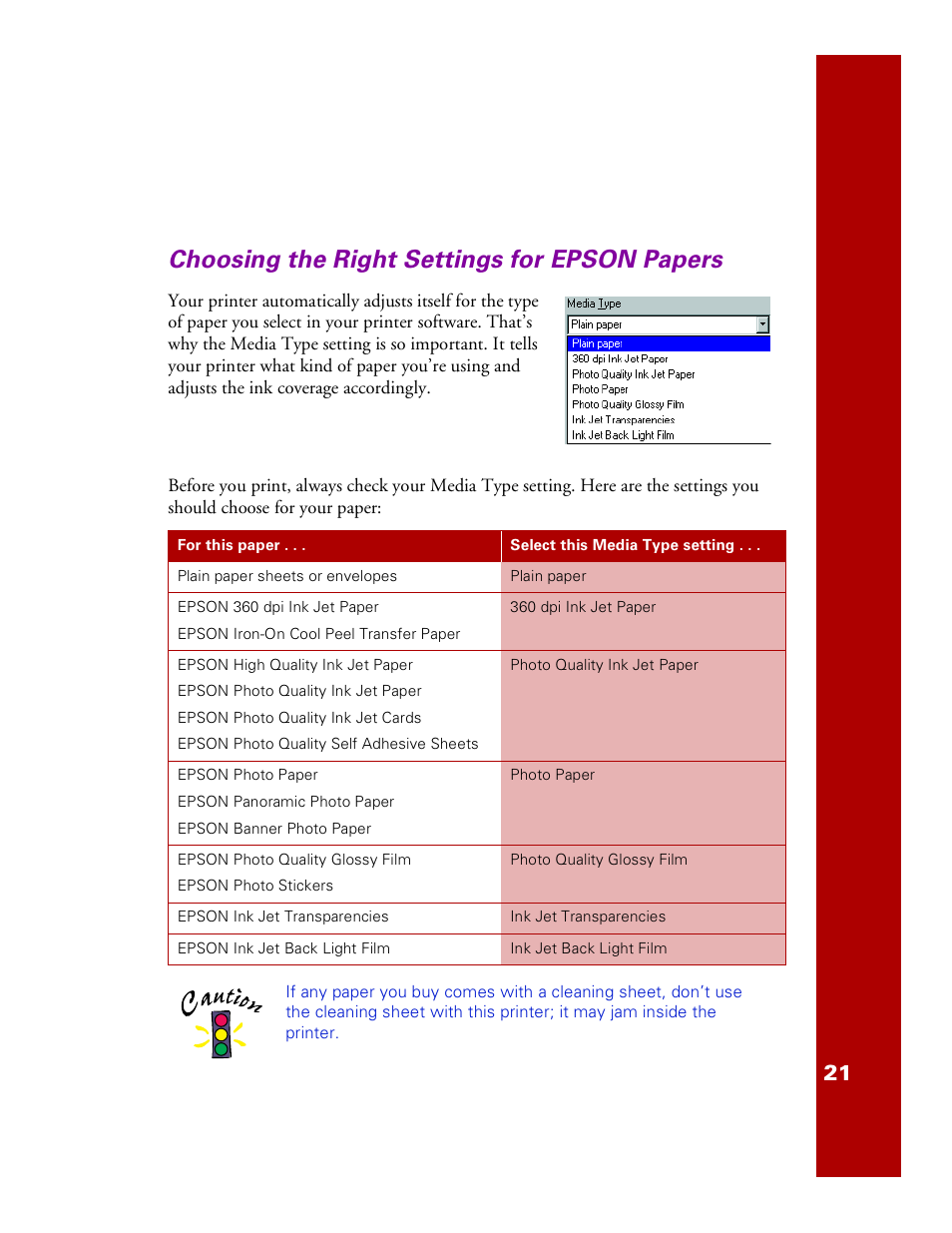 Choosing the right settings for epson papers | Epson 1200 User Manual | Page 27 / 67