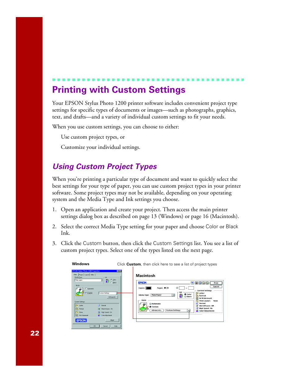 Printing with custom settings, Using custom project types | Epson 1200 User Manual | Page 28 / 67