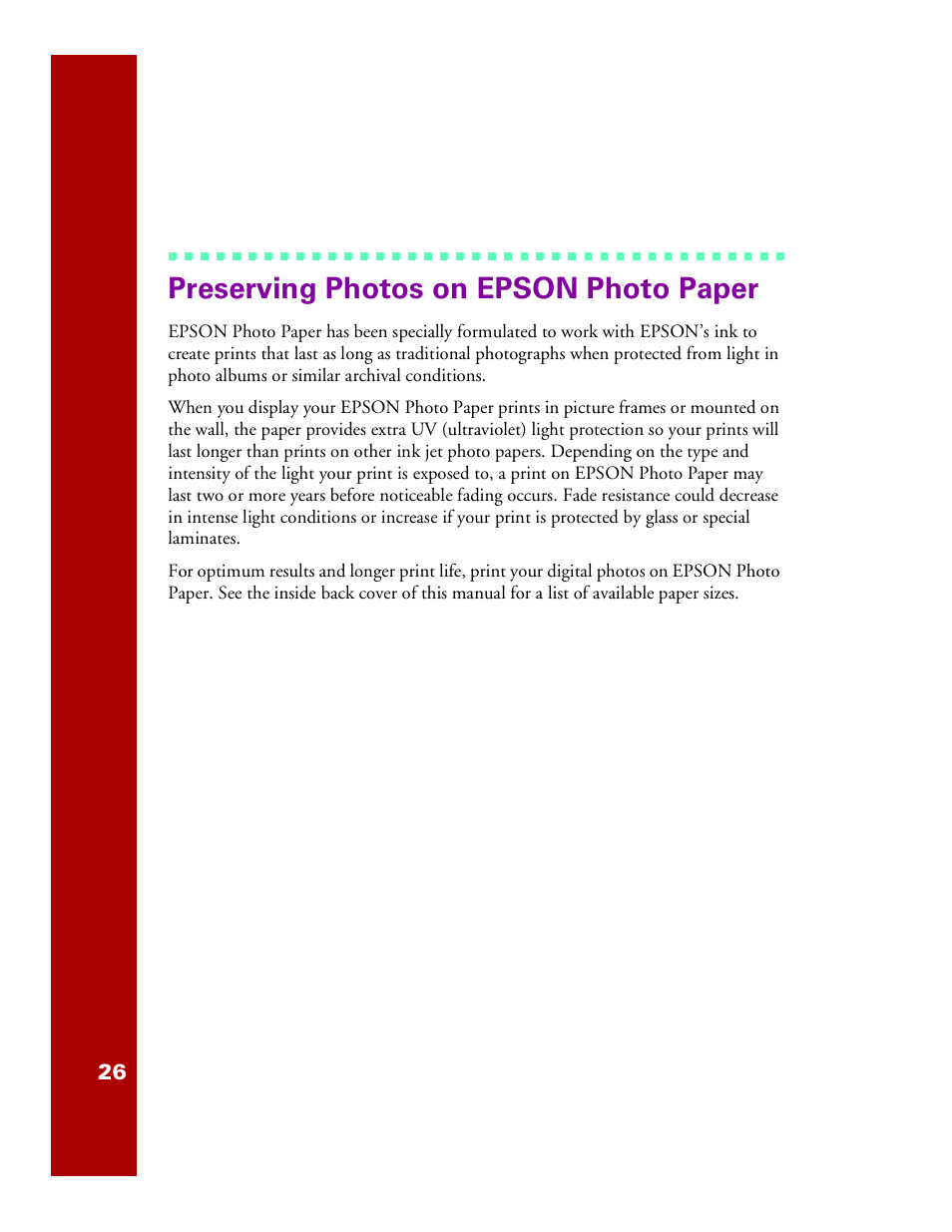 Preserving photos on epson photo paper | Epson 1200 User Manual | Page 32 / 67