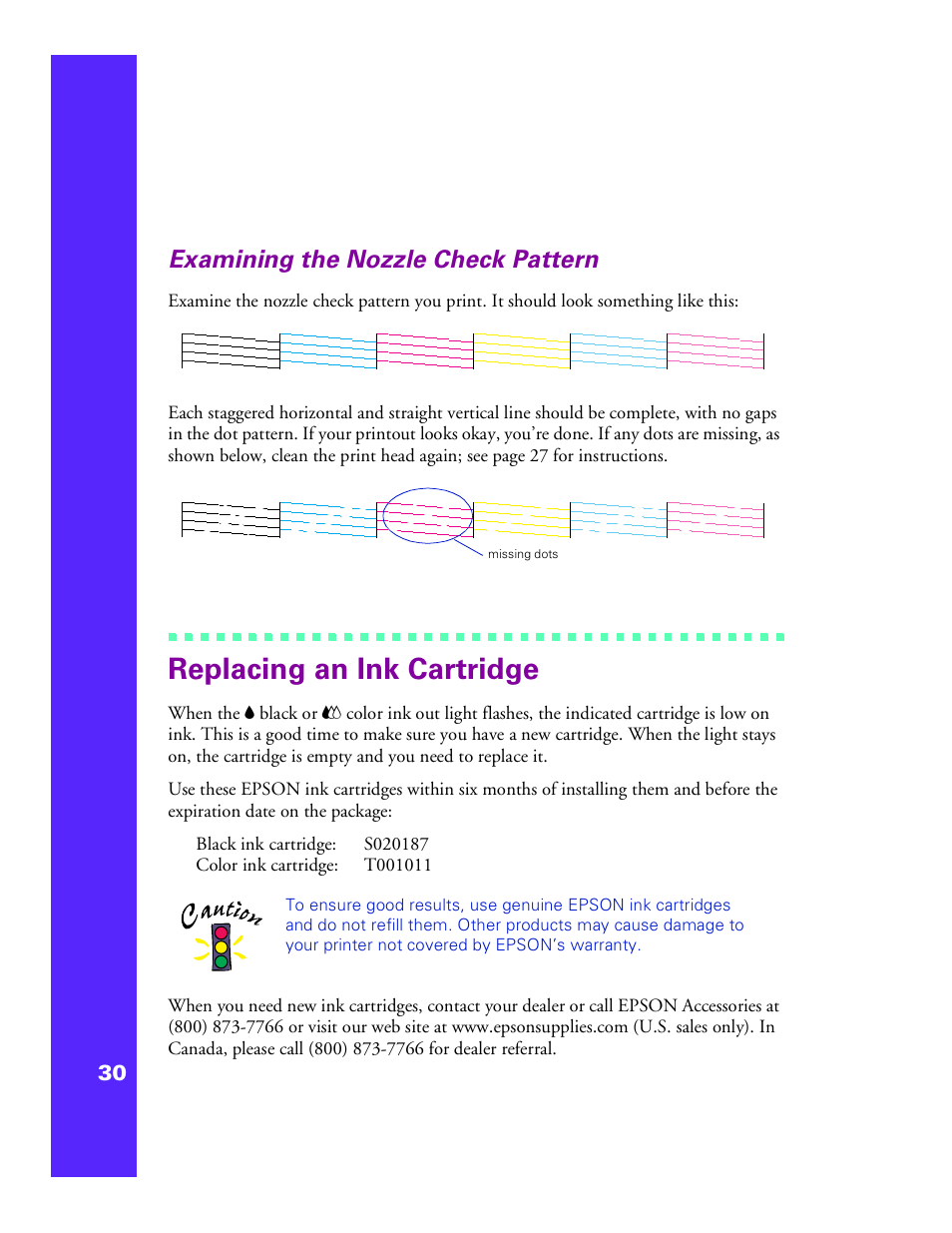 Replacing an ink cartridge, Examining the nozzle check pattern | Epson 1200 User Manual | Page 36 / 67