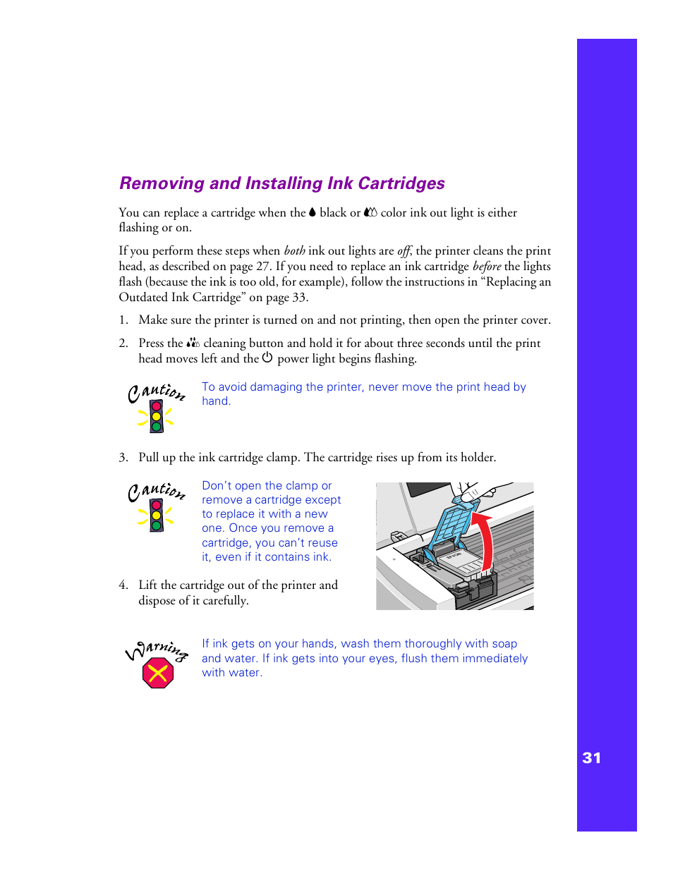 Removing and installing ink cartridges | Epson 1200 User Manual | Page 37 / 67