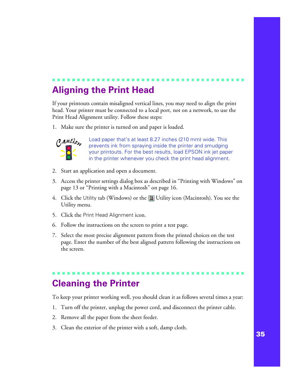 Aligning the print head, Cleaning the printer | Epson 1200 User Manual | Page 41 / 67