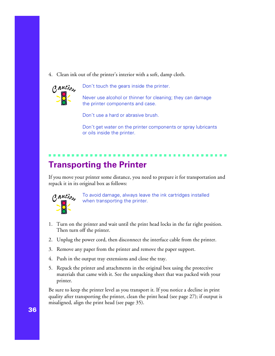 Transporting the printer | Epson 1200 User Manual | Page 42 / 67