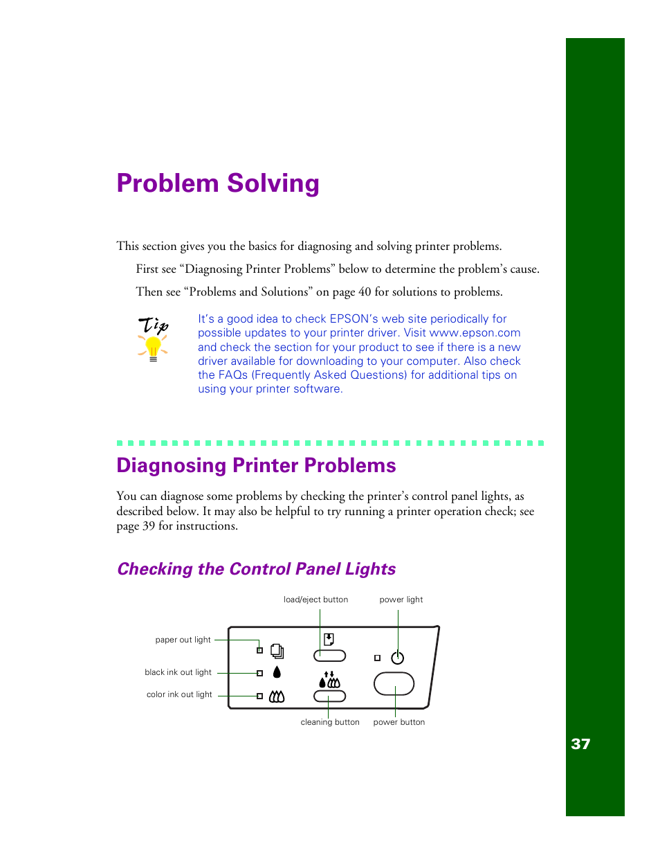 Problem solving, Diagnosing printer problems, Checking the control panel lights | Epson 1200 User Manual | Page 43 / 67