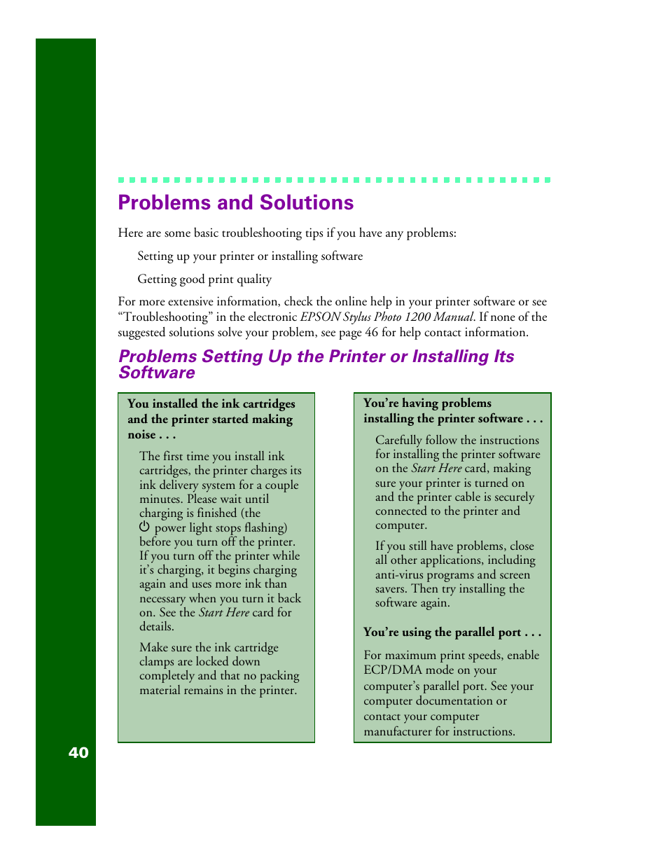 Problems and solutions | Epson 1200 User Manual | Page 46 / 67