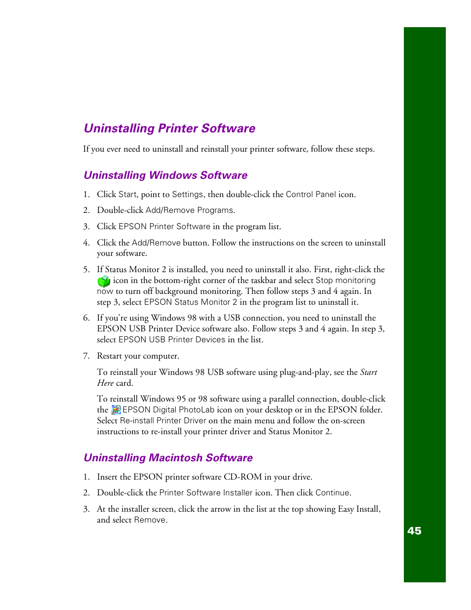 Uninstalling printer software, Uninstalling windows software, Uninstalling macintosh software | Epson 1200 User Manual | Page 51 / 67