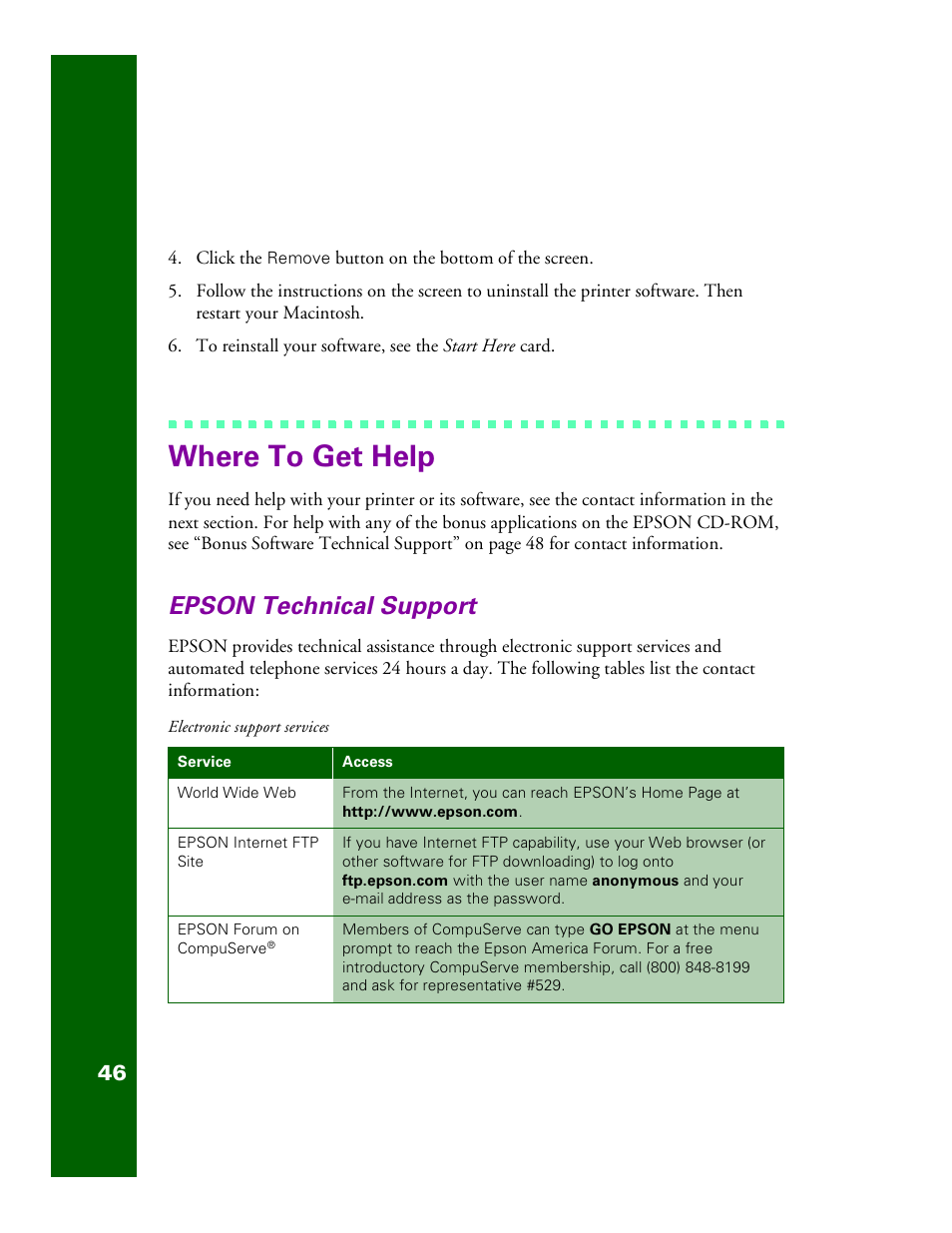 Where to get help, Epson technical support | Epson 1200 User Manual | Page 52 / 67