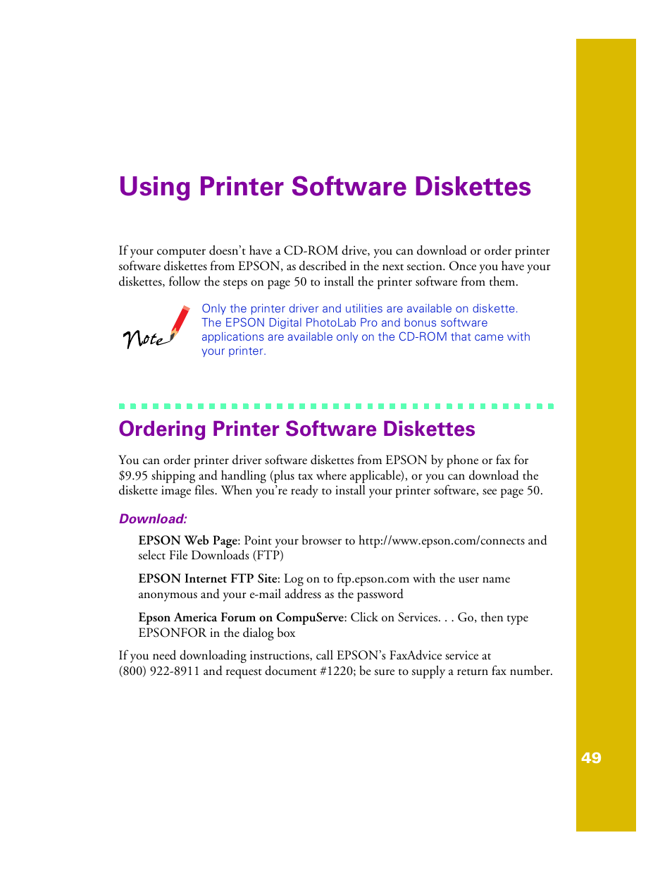 Using printer software diskettes, Ordering printer software diskettes | Epson 1200 User Manual | Page 55 / 67