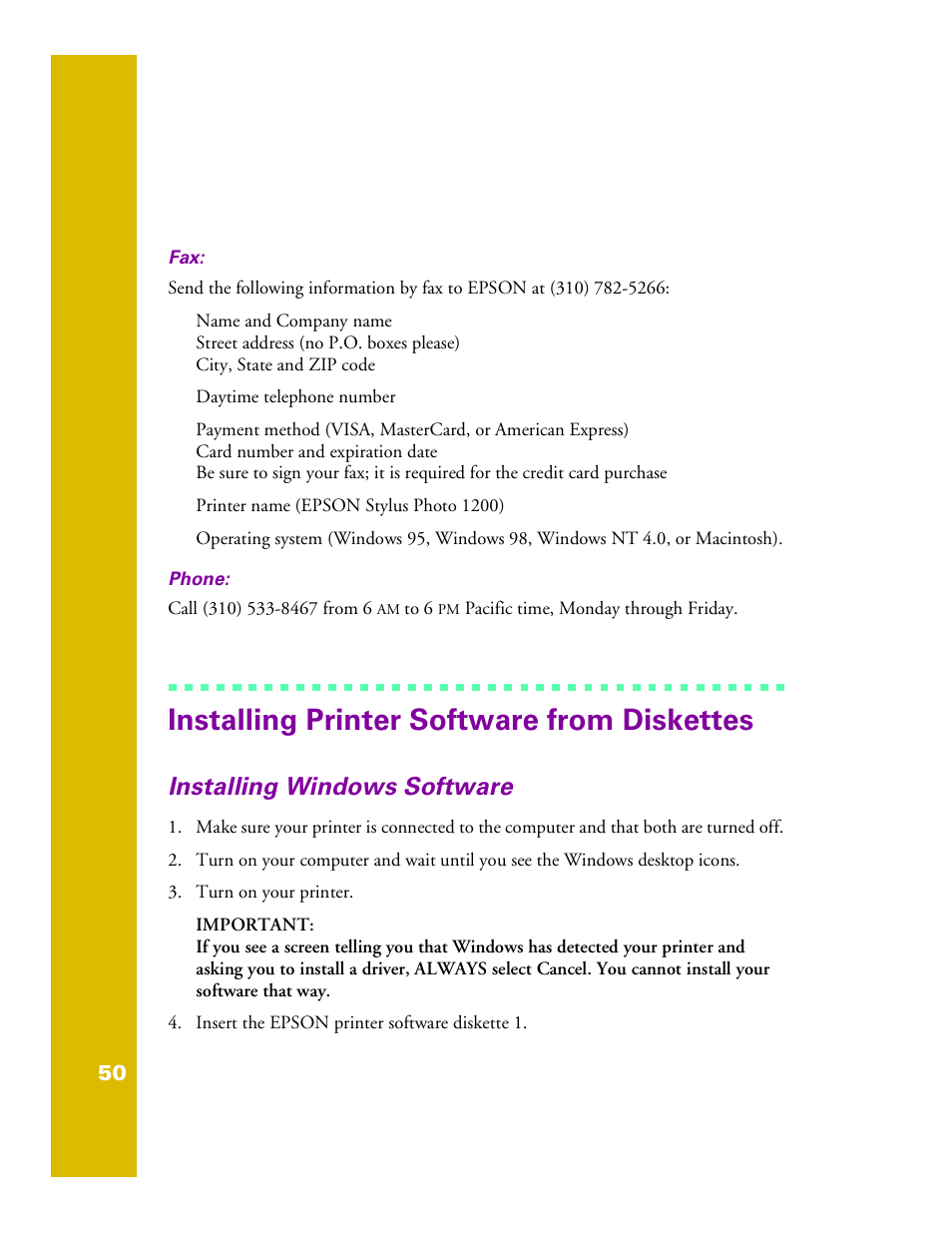 Installing printer software from diskettes, Installing windows software | Epson 1200 User Manual | Page 56 / 67