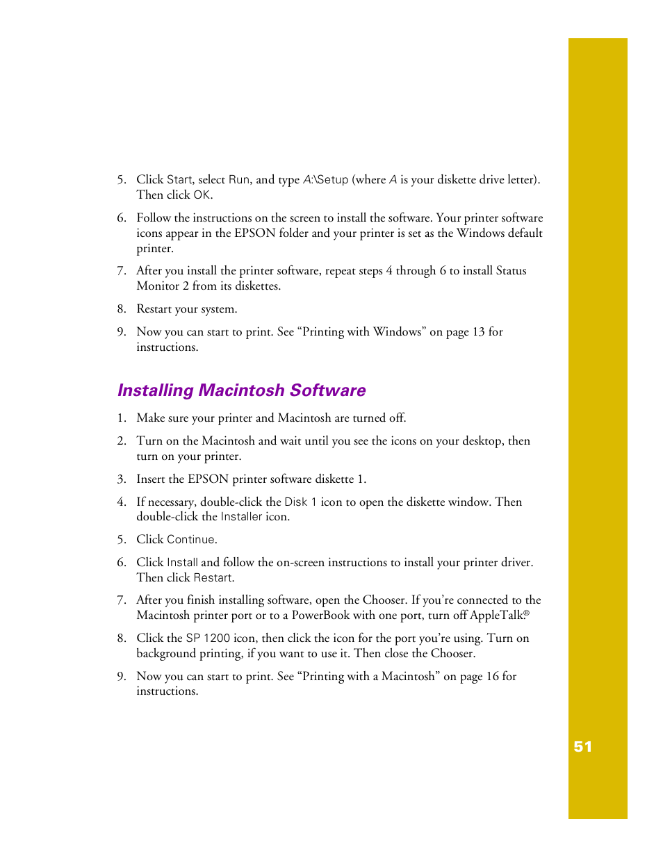 Installing macintosh software | Epson 1200 User Manual | Page 57 / 67
