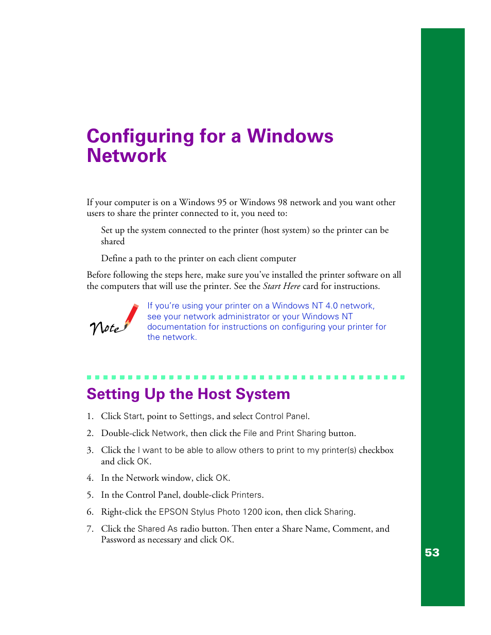 Configuring for a windows network, Setting up the host system | Epson 1200 User Manual | Page 59 / 67