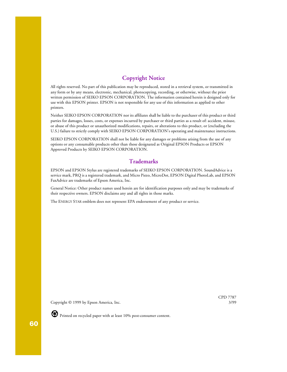 Copyright notice, Trademarks | Epson 1200 User Manual | Page 66 / 67
