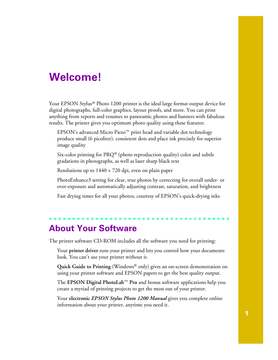 Welcome, About your software | Epson 1200 User Manual | Page 7 / 67