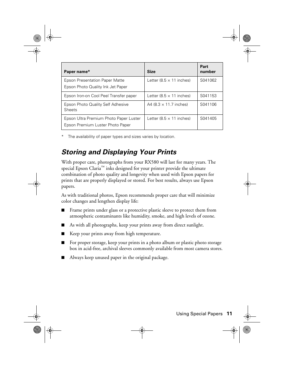 Storing and displaying your prints | Epson RX580 User Manual | Page 11 / 95