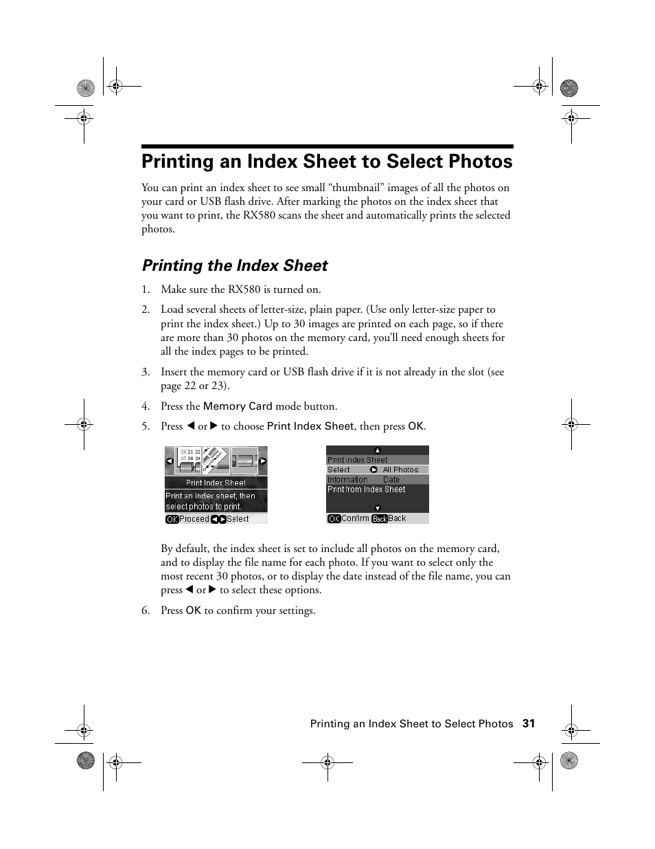 Printing an index sheet to select photos, Printing the index sheet | Epson RX580 User Manual | Page 31 / 95