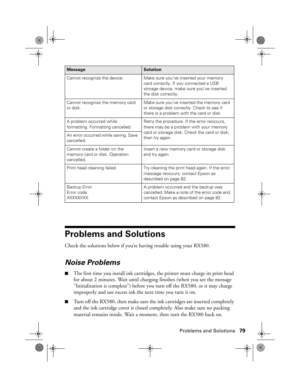Problems and solutions, Noise problems | Epson RX580 User Manual | Page 79 / 95