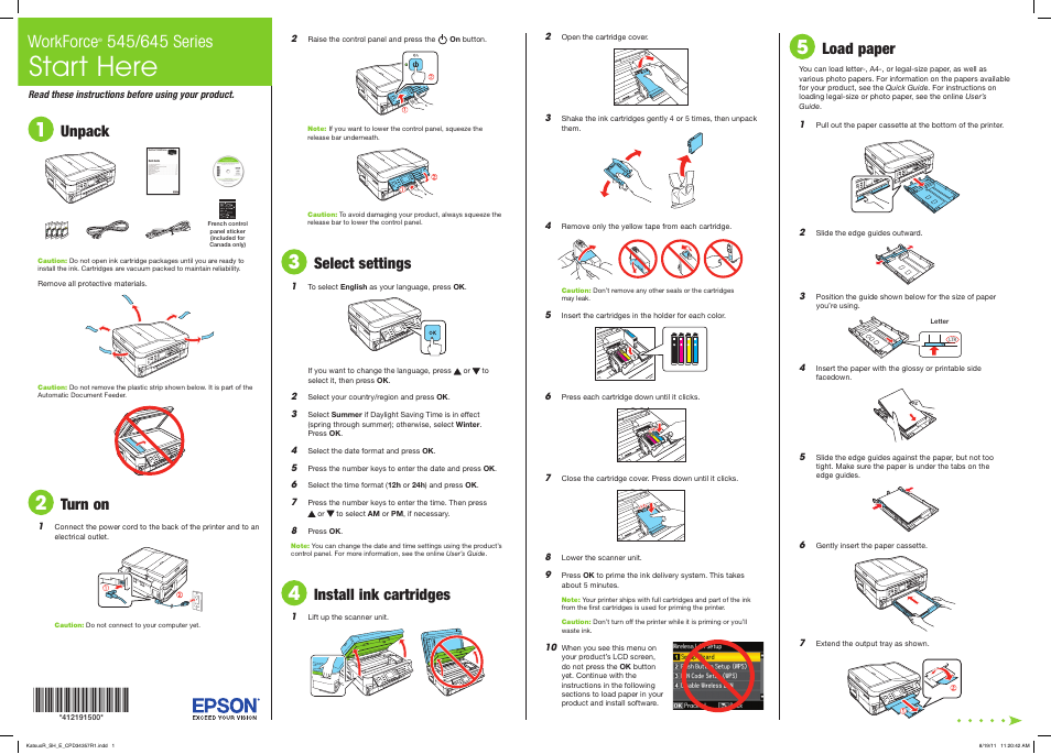 Load paper, Start here, Workforce | Unpack, Turn on, Select settings, Install ink cartridges | Epson WorkForce 545 User Manual | Page 2 / 4