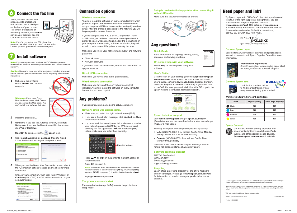 Any questions, Need paper and ink, Connection options | Any problems, Connect the fax line, Install software | Epson WorkForce 545 User Manual | Page 4 / 4