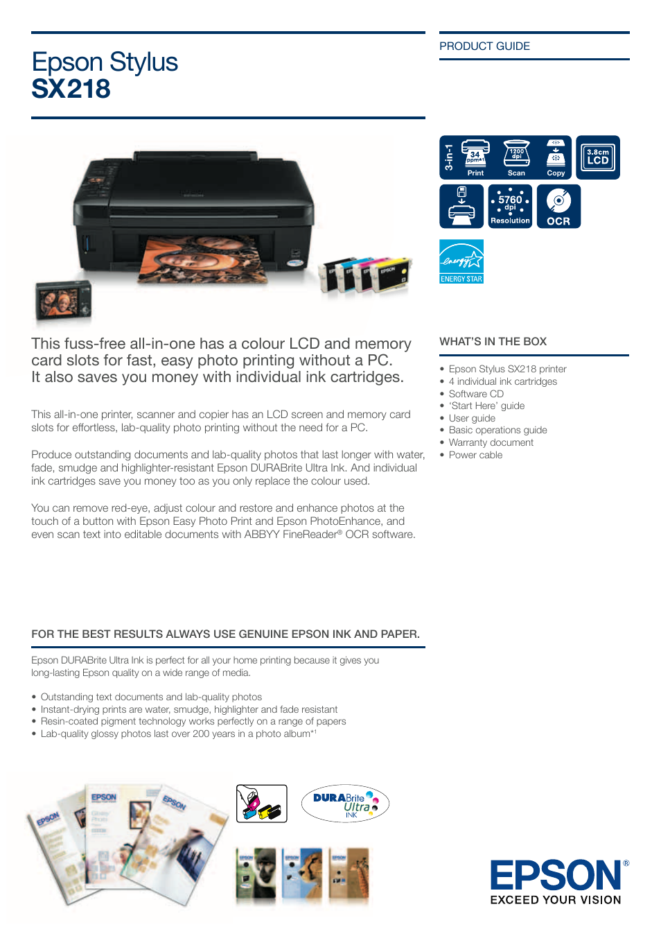 Epson STYLUS SX218 User Manual | 2 pages