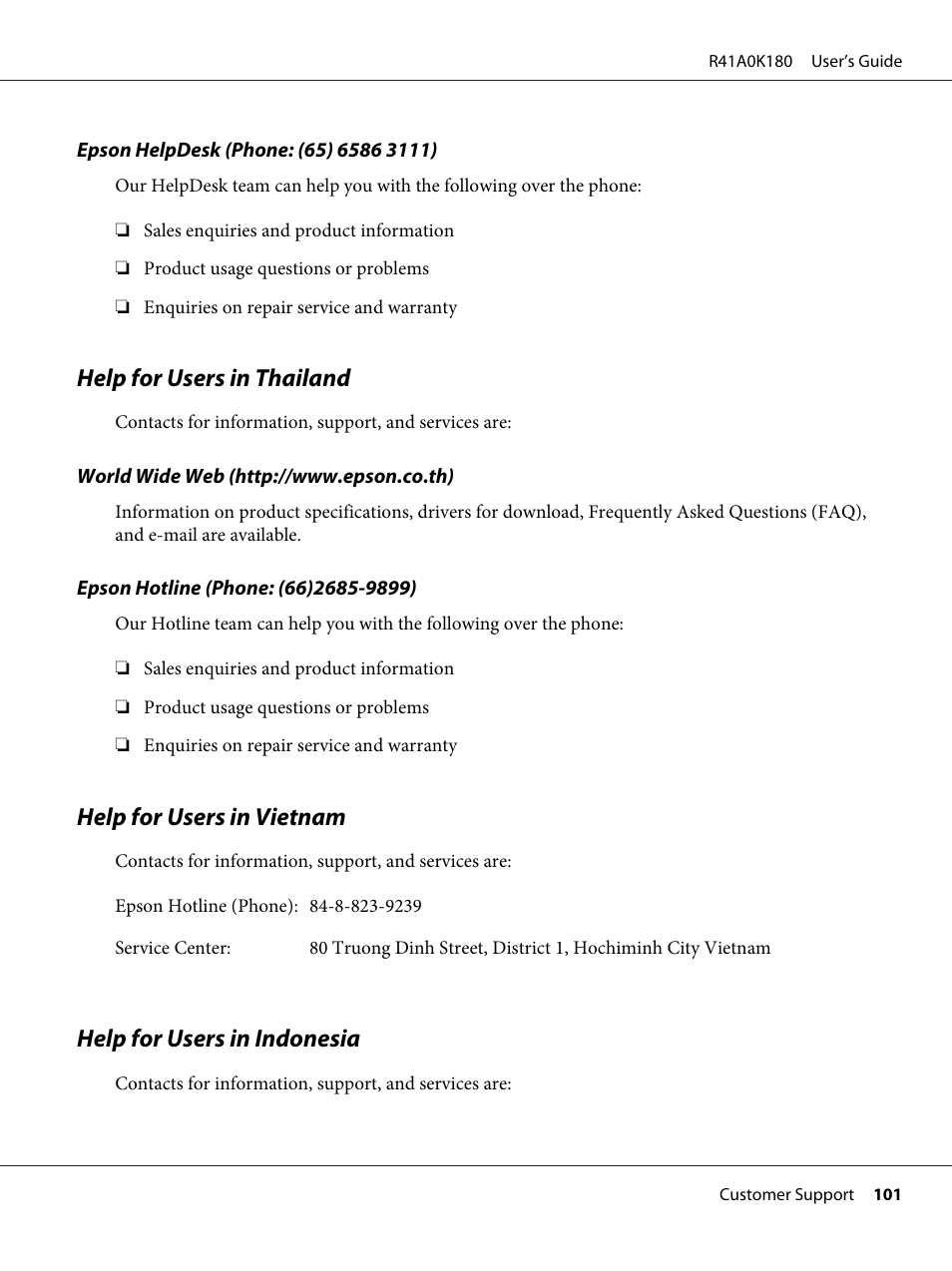 Help for users in thailandfor all products, Help for users in vietnamfor all products, Help for users in indonesiafor all products | Help for users in thailand, Help for users in vietnam, Help for users in indonesia | Epson P-6000 User Manual | Page 101 / 113