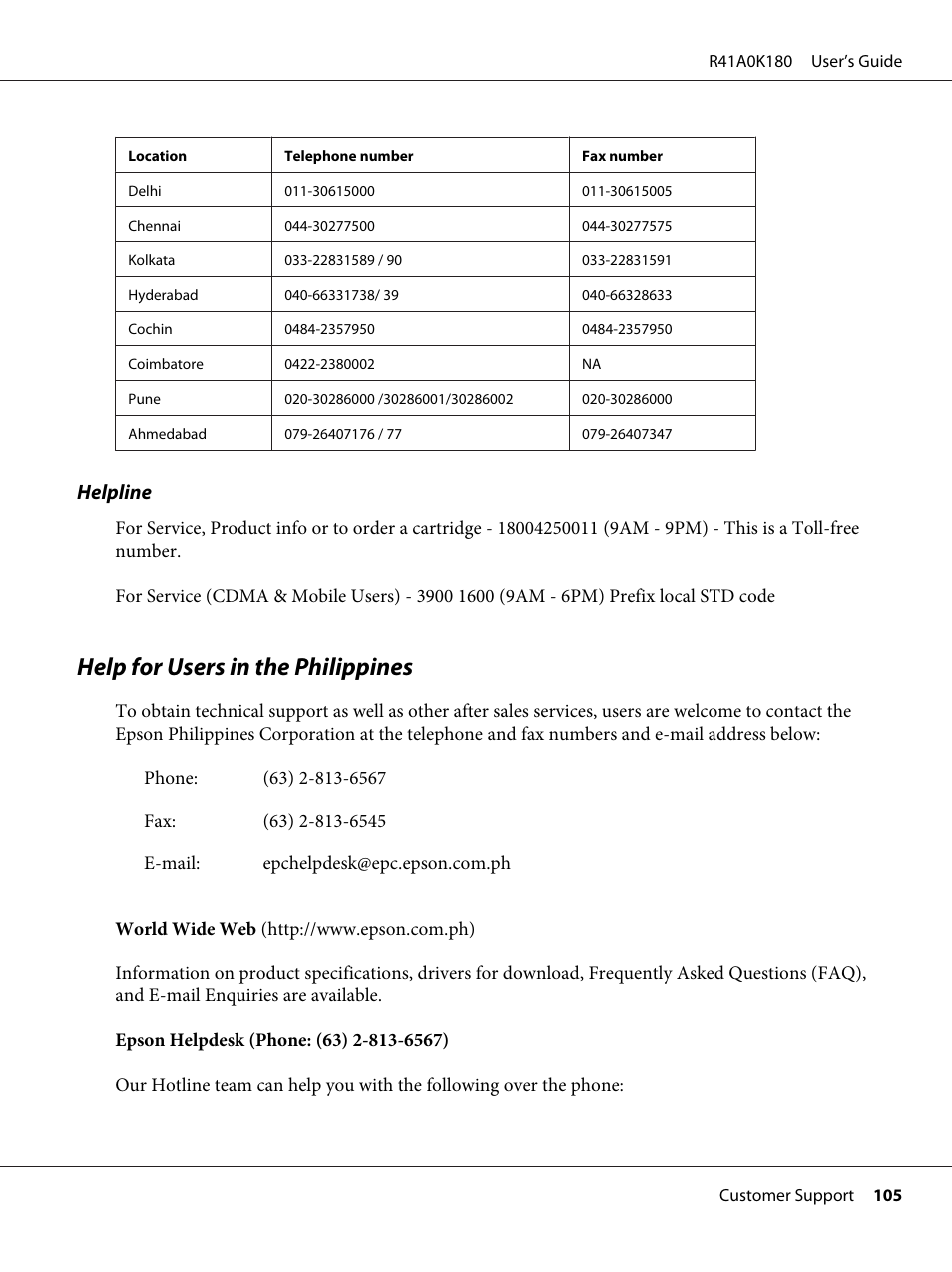Help for users in the philippinesfor all products, Help for users in the philippines | Epson P-6000 User Manual | Page 105 / 113