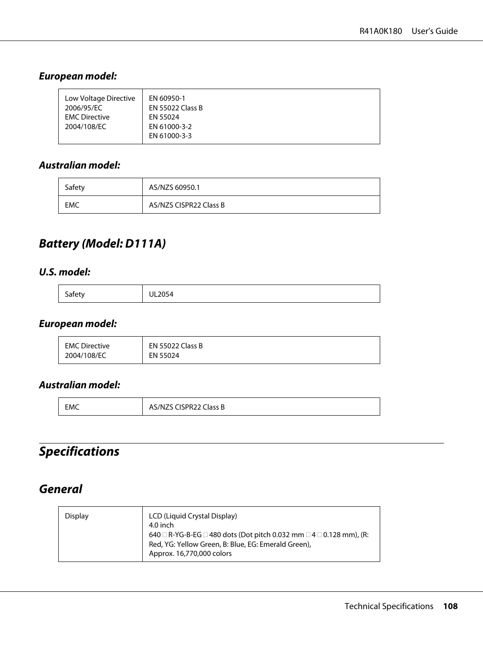 Battery (model: d111a), Specifications, General | Epson P-6000 User Manual | Page 108 / 113