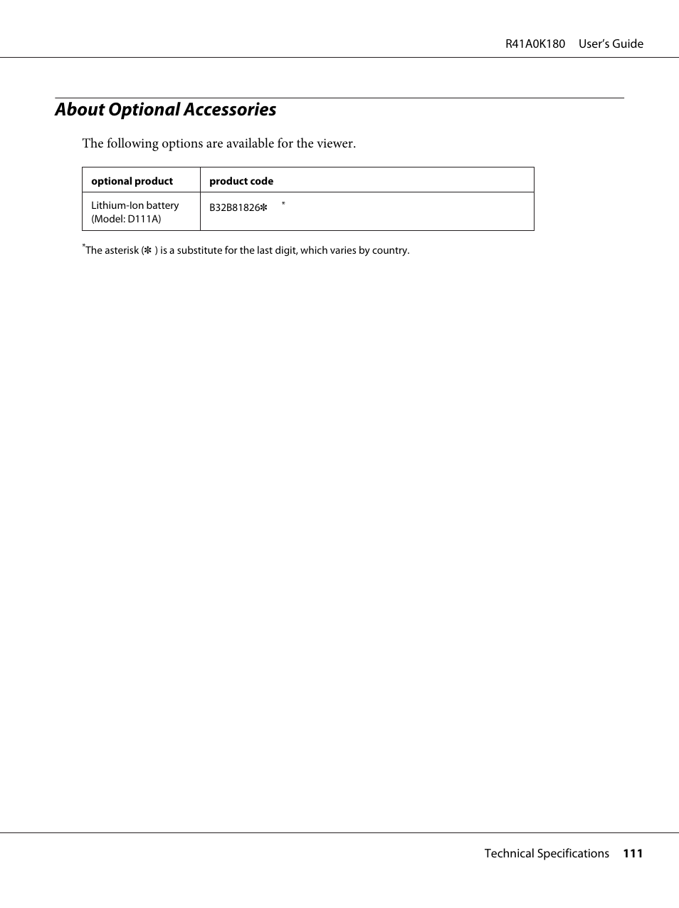 About optional accessories | Epson P-6000 User Manual | Page 111 / 113