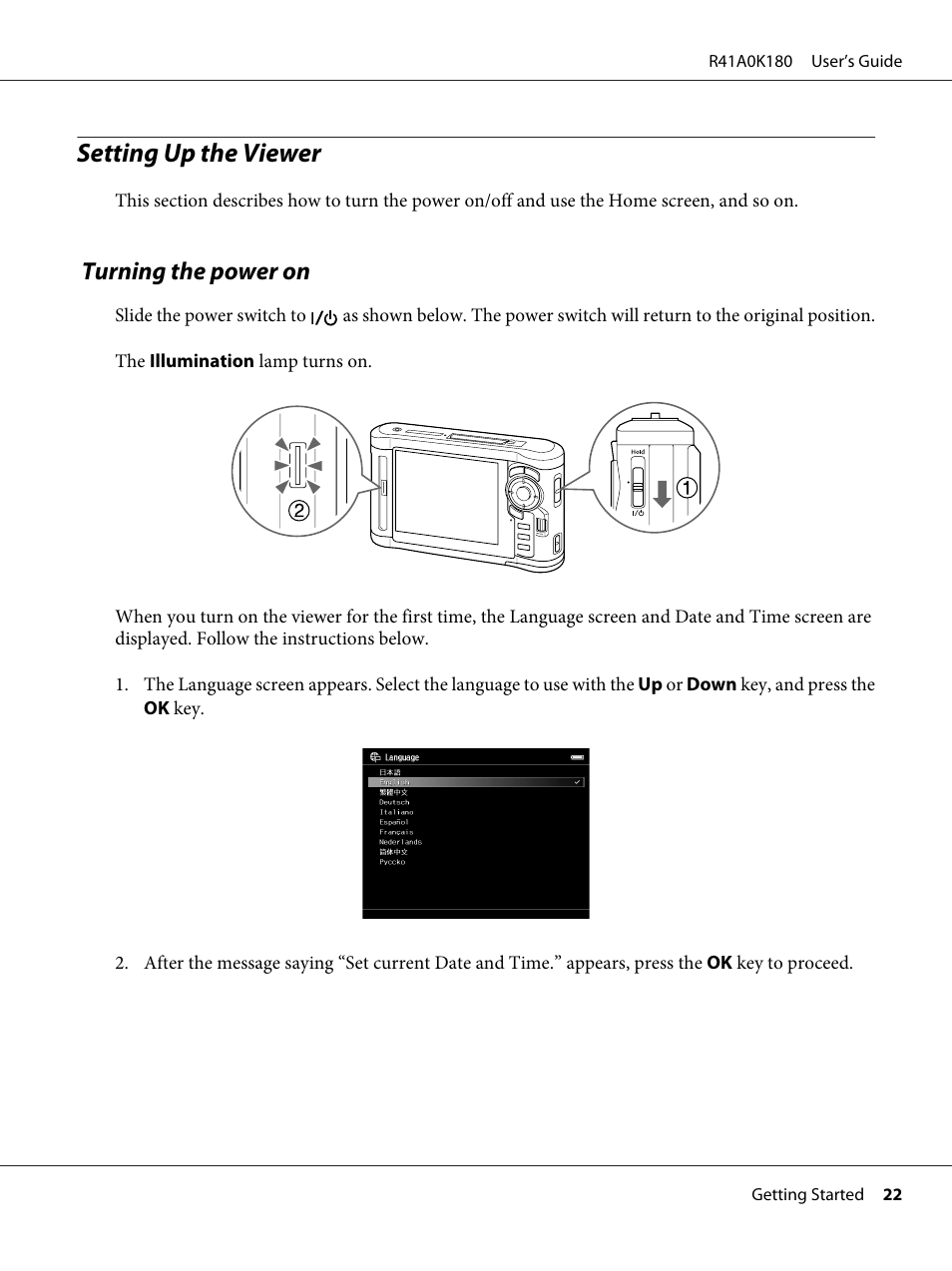 Setting up the viewer, Turning the power on | Epson P-6000 User Manual | Page 22 / 113