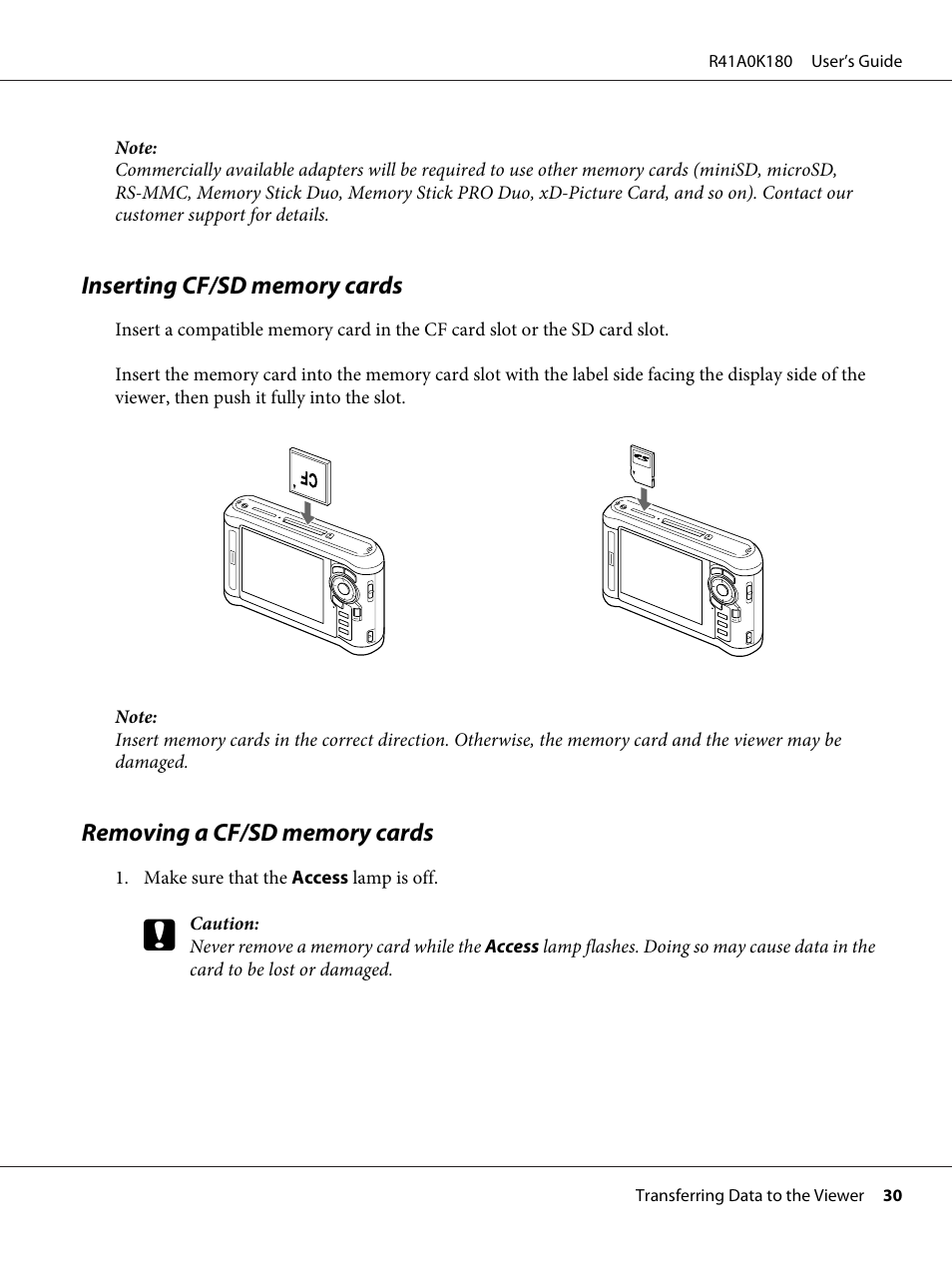 Inserting cf/sd memory cards, Removing a cf/sd memory cards | Epson P-6000 User Manual | Page 30 / 113