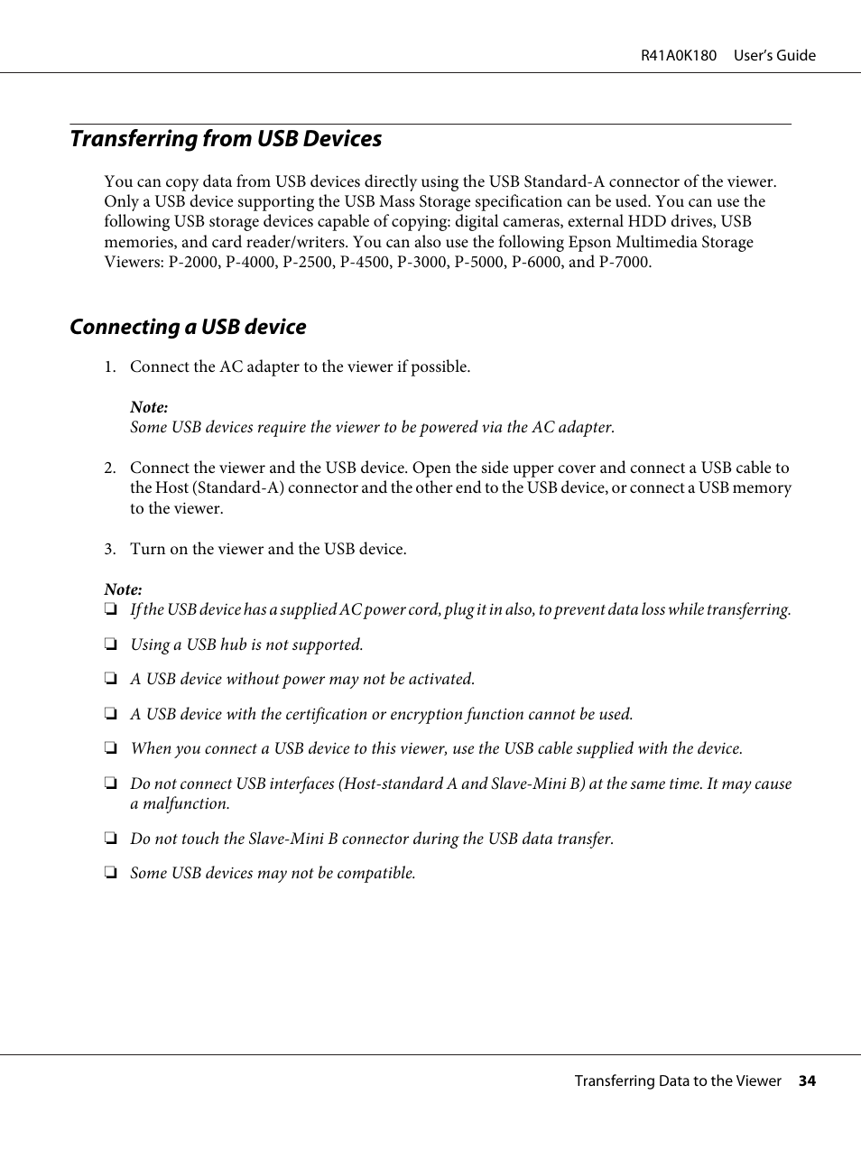 Transferring from usb devices, Connecting a usb device | Epson P-6000 User Manual | Page 34 / 113