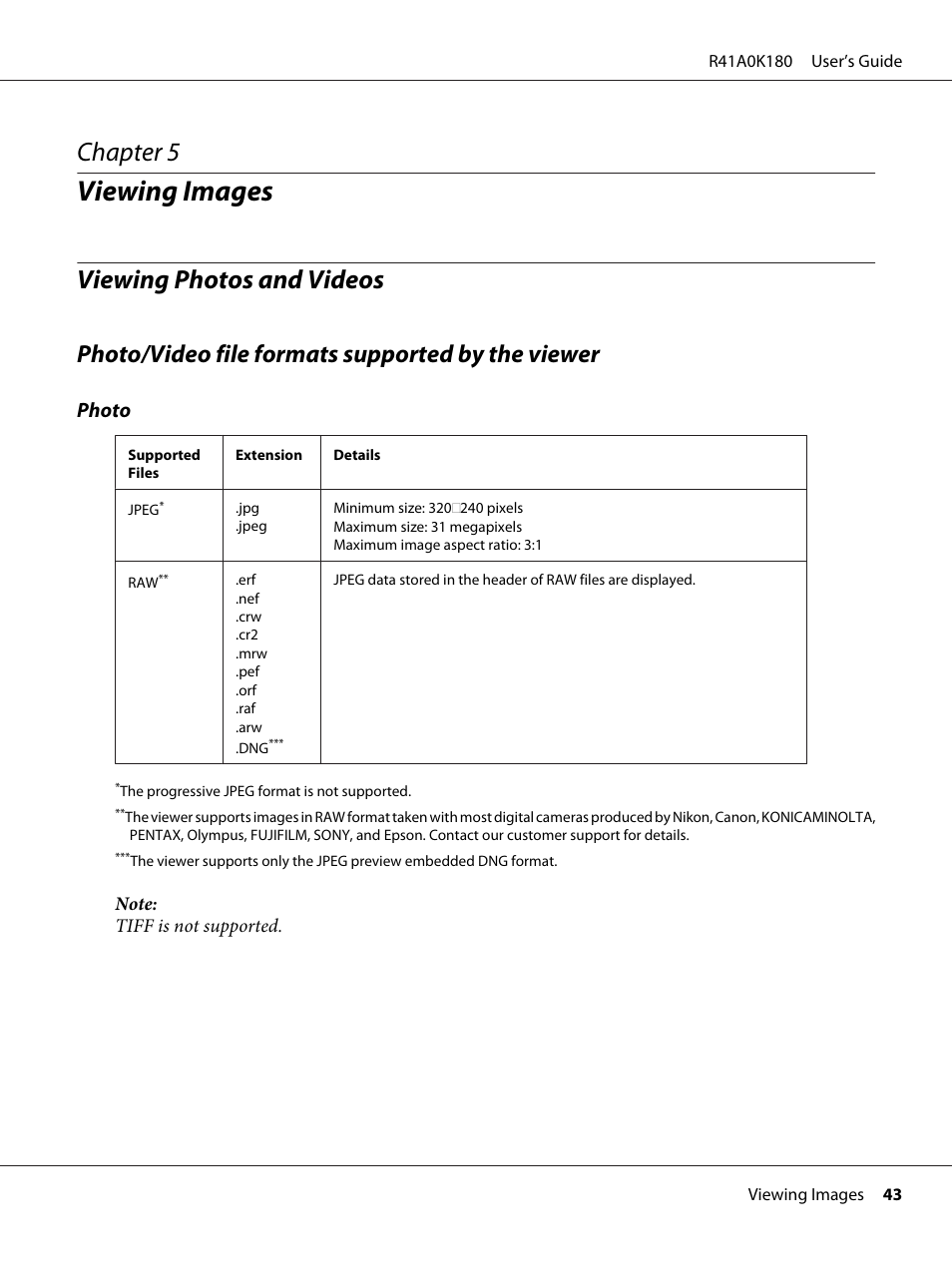 Viewing images, Viewing photos and videos, Photo/video file formats supported by the viewer | Chapter 5 viewing images, Chapter 5, Photo | Epson P-6000 User Manual | Page 43 / 113