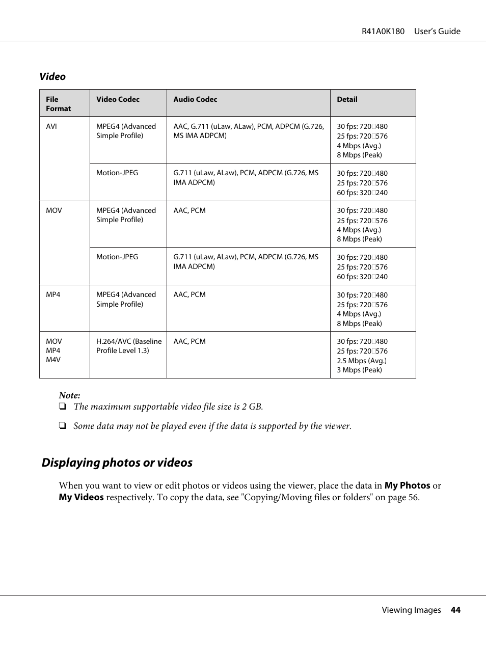 Displaying photos or videos, Video | Epson P-6000 User Manual | Page 44 / 113