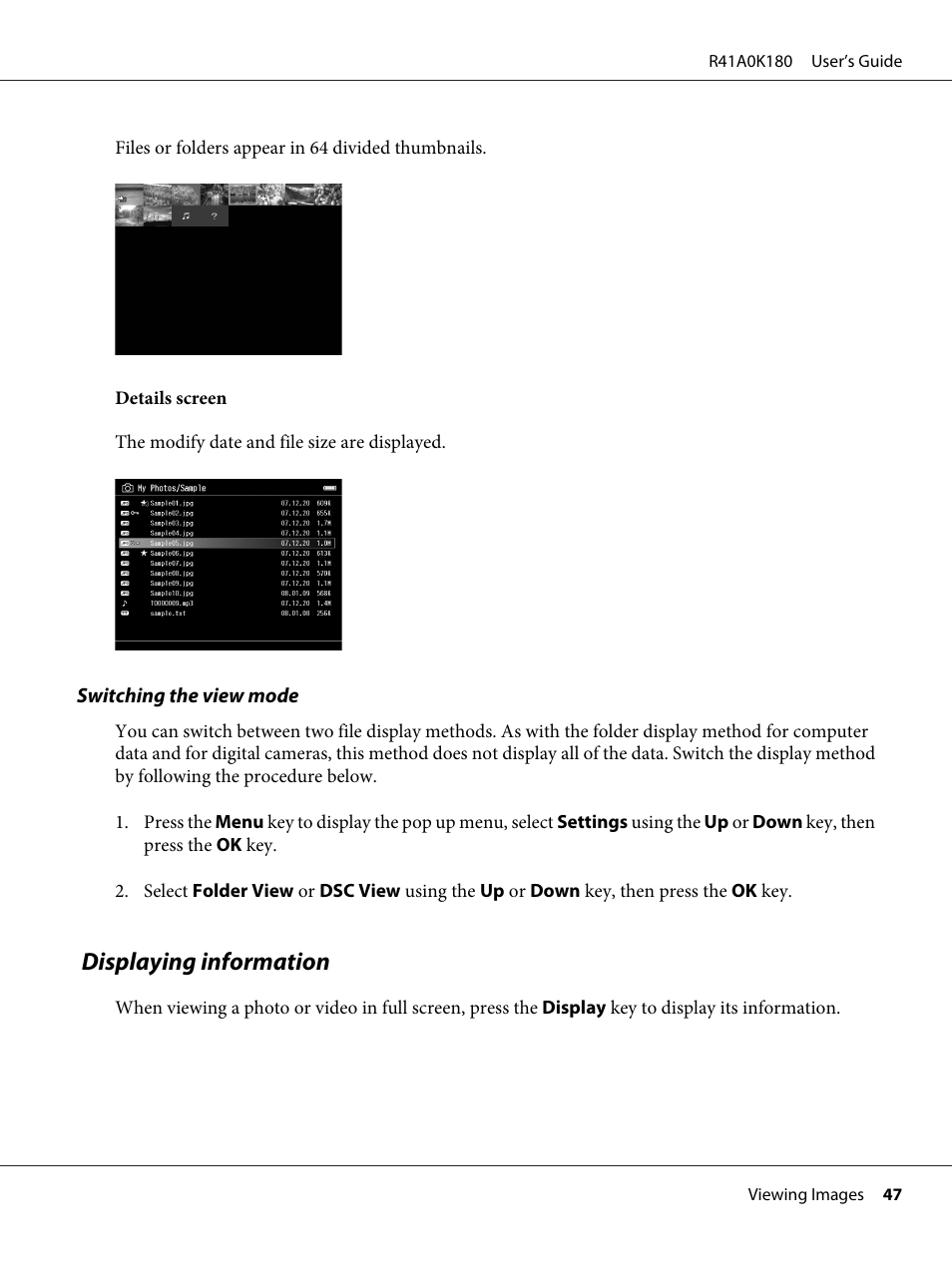 Displaying information | Epson P-6000 User Manual | Page 47 / 113