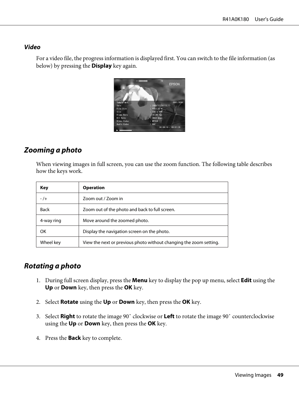 Zooming a photo, Rotating a photo, Zooming a photo rotating a photo | Epson P-6000 User Manual | Page 49 / 113