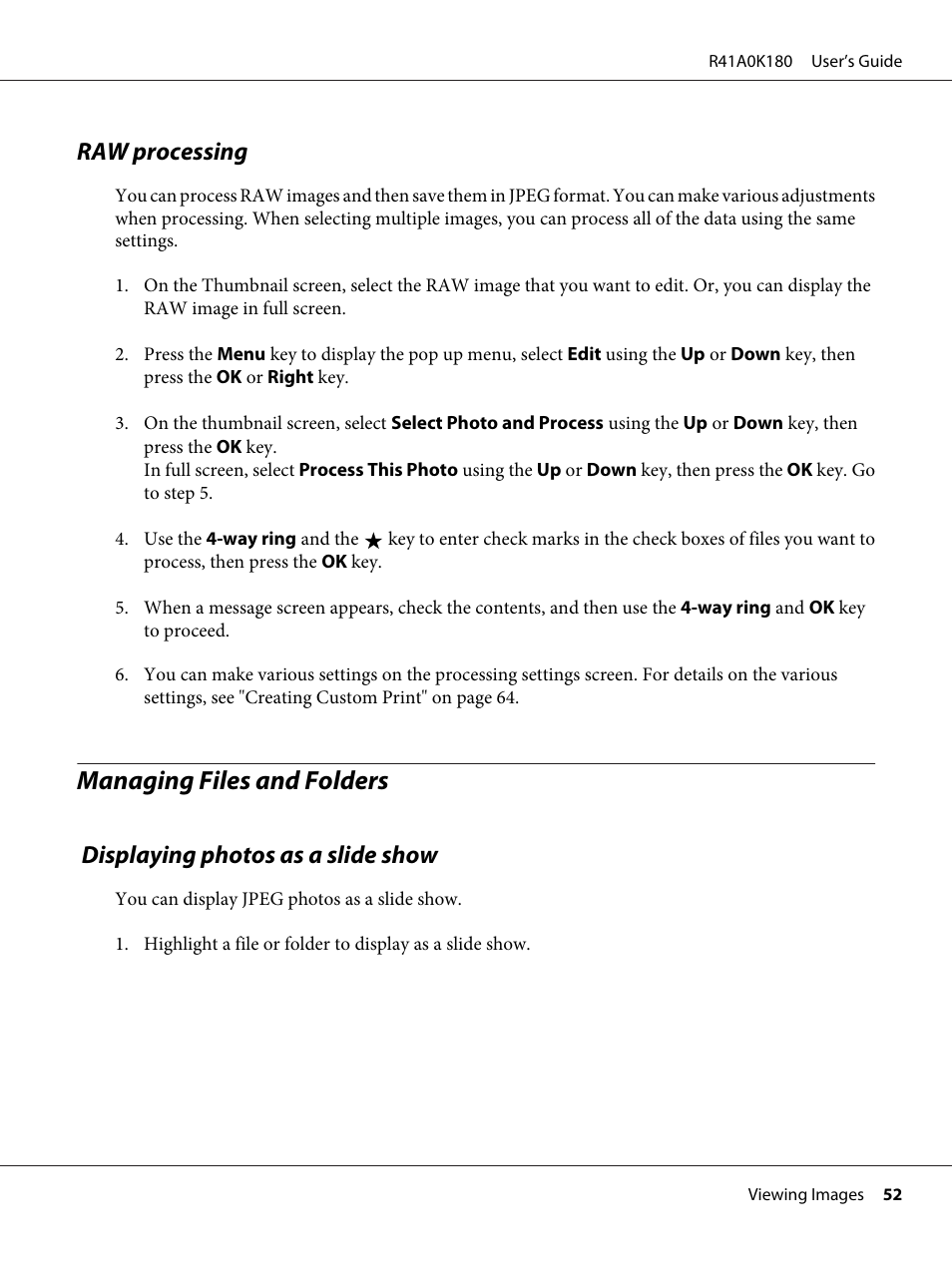 Raw processing, Managing files and folders, Displaying photos as a slide show | Epson P-6000 User Manual | Page 52 / 113