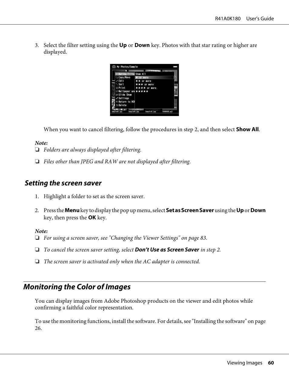 Setting the screen saver, Monitoring the color of images | Epson P-6000 User Manual | Page 60 / 113