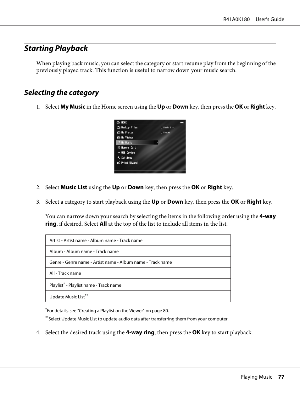 Starting playback, Selecting the category | Epson P-6000 User Manual | Page 77 / 113