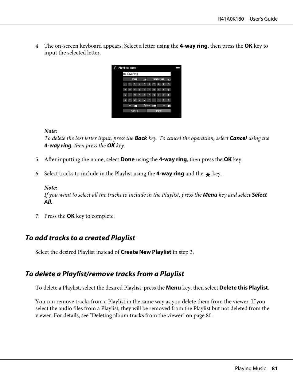 To add tracks to a created playlist, To delete a playlist/remove tracks from a playlist | Epson P-6000 User Manual | Page 81 / 113