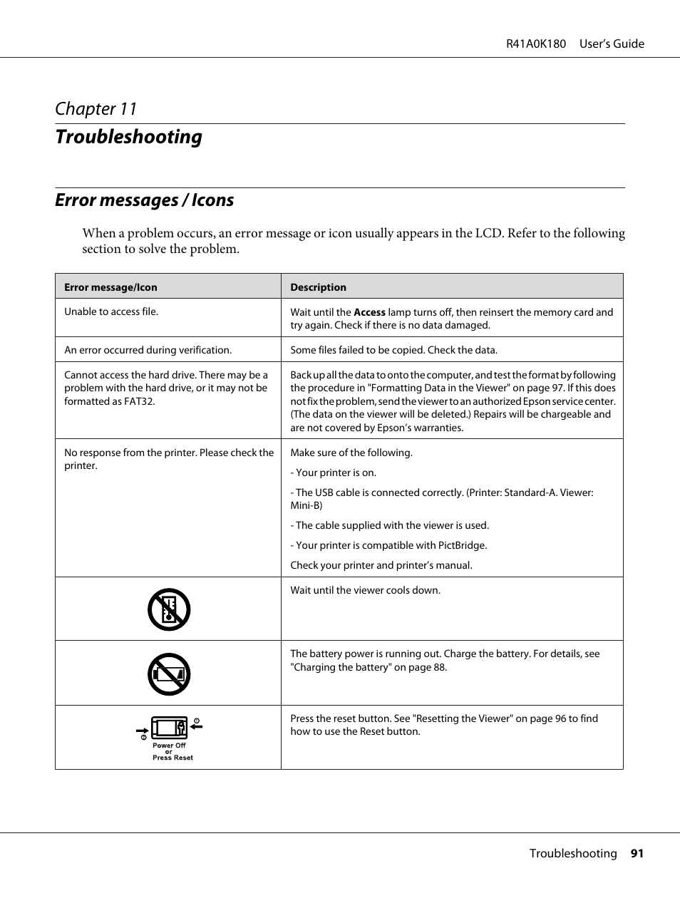 Troubleshooting, Error messages / icons, Chapter 11 troubleshooting | Chapter 11 | Epson P-6000 User Manual | Page 91 / 113