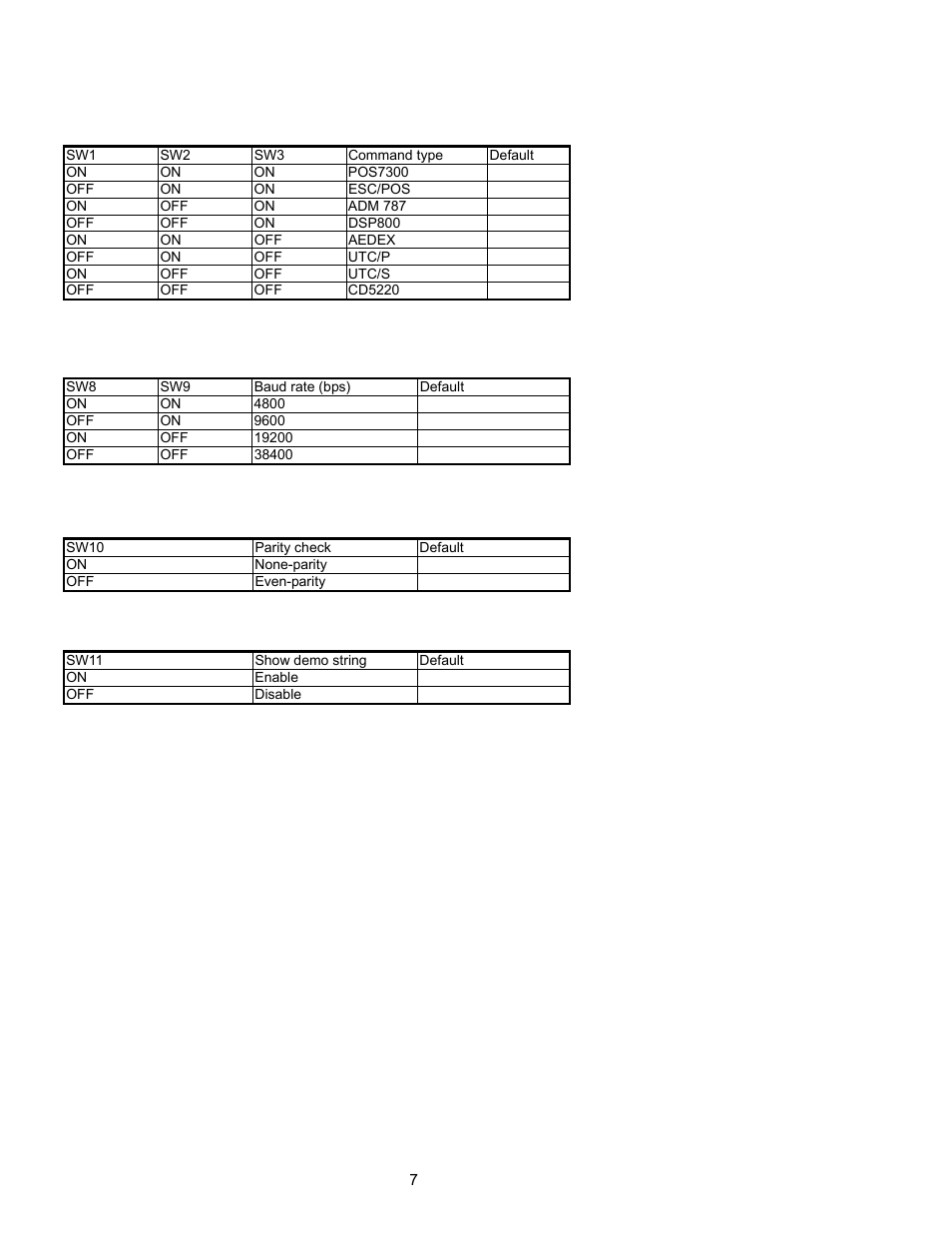 Dip switch and software setting, 1 command type selection, 2 baud rate selection | 3 parity check selection, 4 demo mode selection | Epson P07303 User Manual | Page 11 / 36